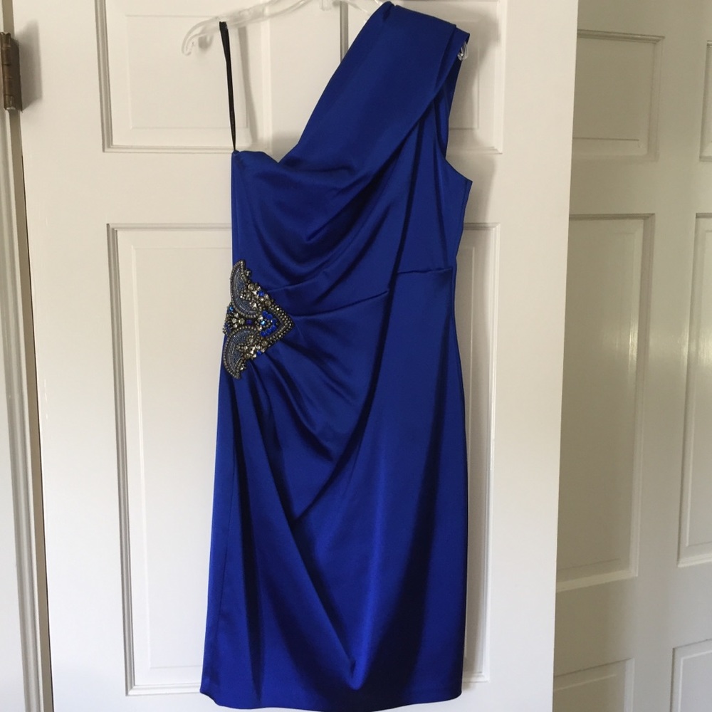 David Meister one shoulder cocktail dress blue